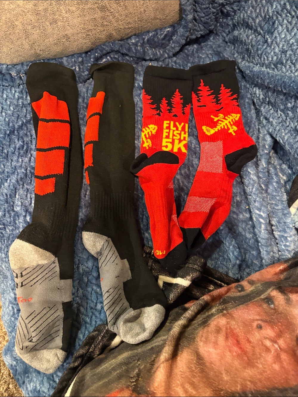Flying Monkey Red & Black Athletic Crew Socks with Fly Fish 5K Graphic